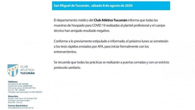 Atlético Tucumán: Resultados negativos de los test COVID-19