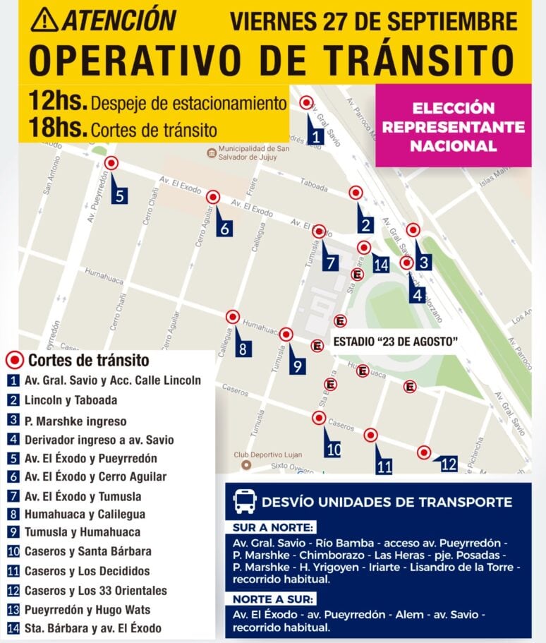 El dispositivo de tránsito implementado por la Municipalidad de San Salvador de Jujuy para este viernes 27 en torno a estadio "23 de Agosto".