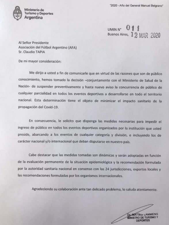 El Gobierno suspendió la presencia de público en todos los espectáculos deportivos del país.