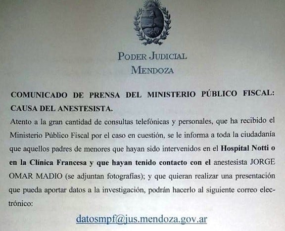 Desde el Ministerio Público Fiscal pusieron a disposición el correo datosmpf@jus.mendoza.gov.ar para quienes quieran denunciar o aportar información.