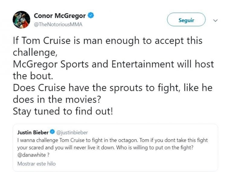 El peleador irlandés Conor McGregor aceptó ser el anfitrión de la pelea entre Justin Bieber y Tom Cruise (Twitter)