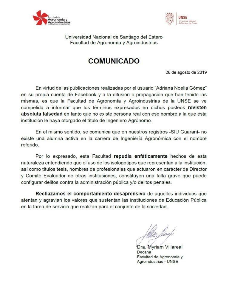 Comunicado de UNSE.