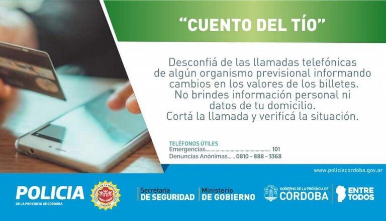 Precauciones para tener en cuenta ante el "cuento del tio", Policía de la Provincia de Córdoba.