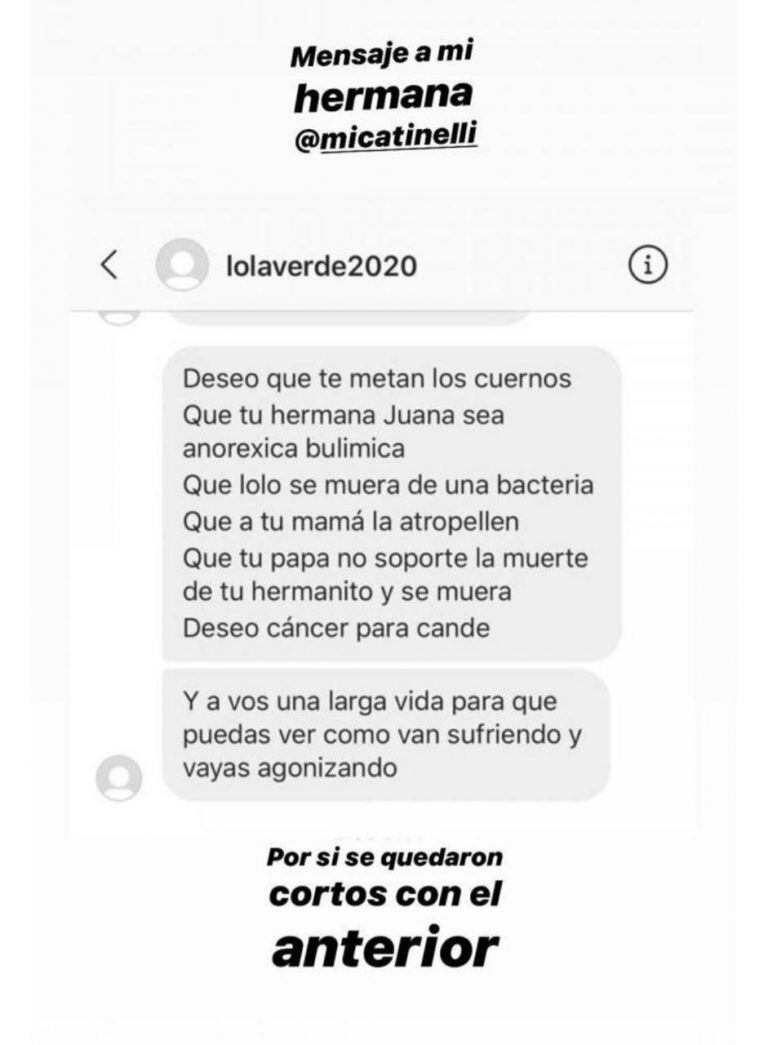 Cande Tinelli mostró los repudiables mensajes contra su familia: "Se cag... en los demás"