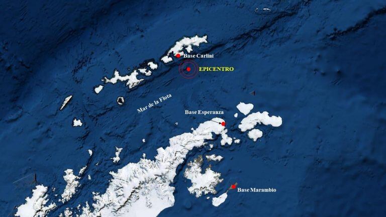 Lugar del sismo. Península Antártica e Islas Shetland del Sur.