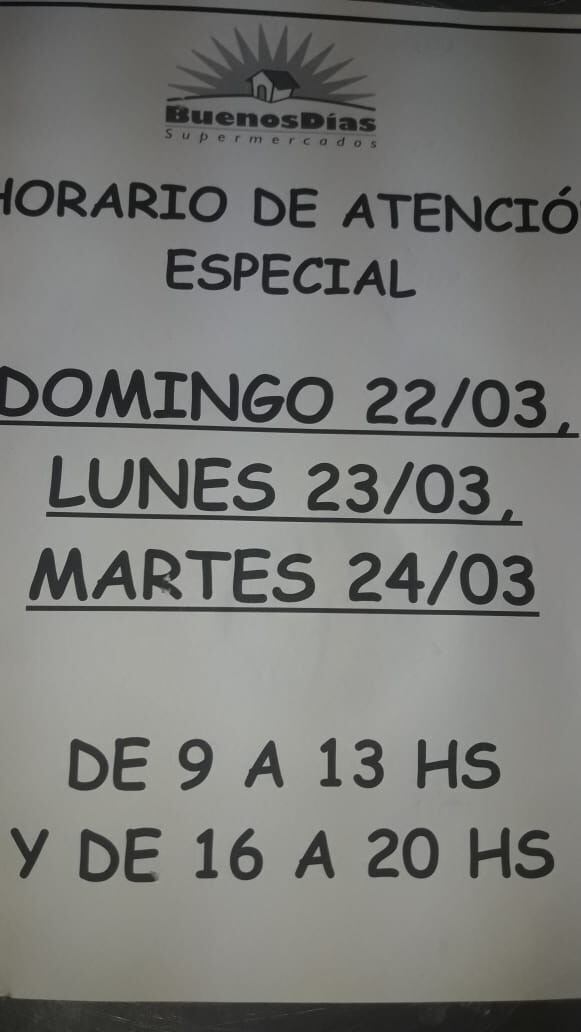 Horario cortado en el supermercado Buenos Días de Carlos Paz.