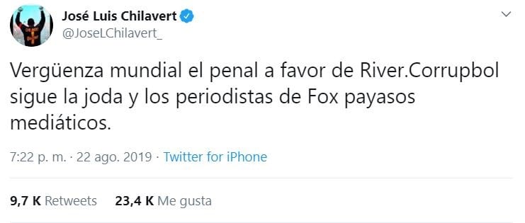 La publicación de Chilavert contra Conmebol (Foto: captura Twitter)