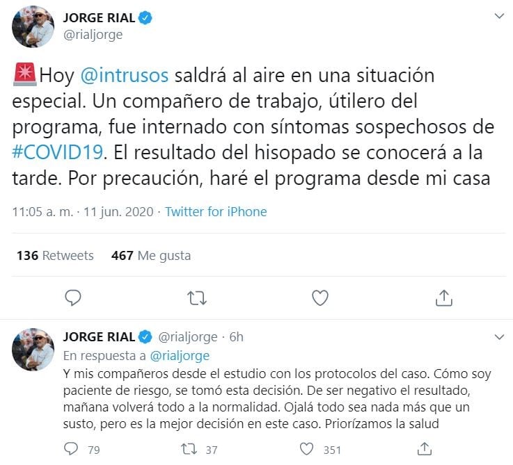 Jorge Rial confirmó que un trabajador de América podría tener coronavirus (Foto: captura Twitter)