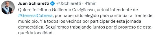 Juan Schiaretti y su felicitación al intendente electo de General Cabrera.