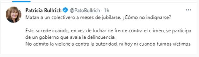 El tuit de la titular del PRO.