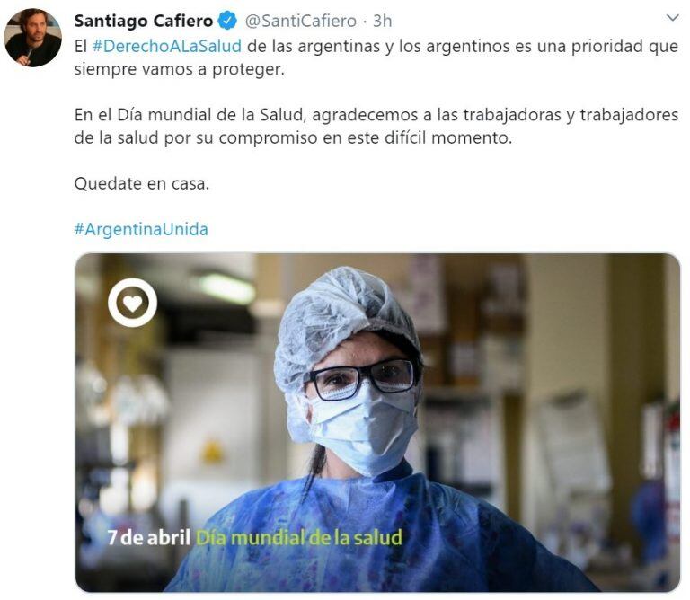 La publicación de Santiago Cafiero (Foto: captura Twitter)