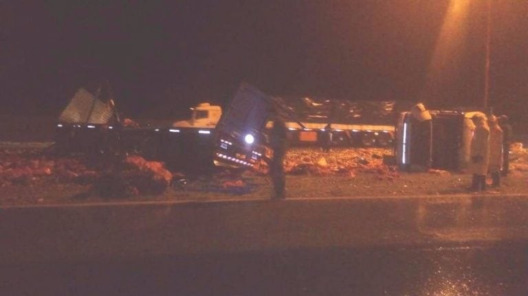 El camión transportaba verduras y por la intensa lluvia volcó.