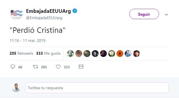 La burla de la embajada de Estados Unidos en Buenos Aires para Cristina Kirchner, luego de la reelección de Omar Gutiérrez como gobernador de Neuquén.