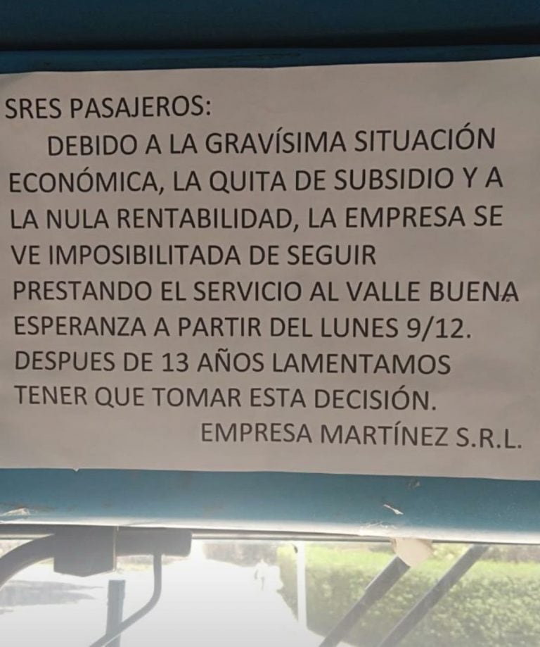 Comunicado de la Empresa Martínez SRL. Créditos: Facebook María Luisa Gúzman.