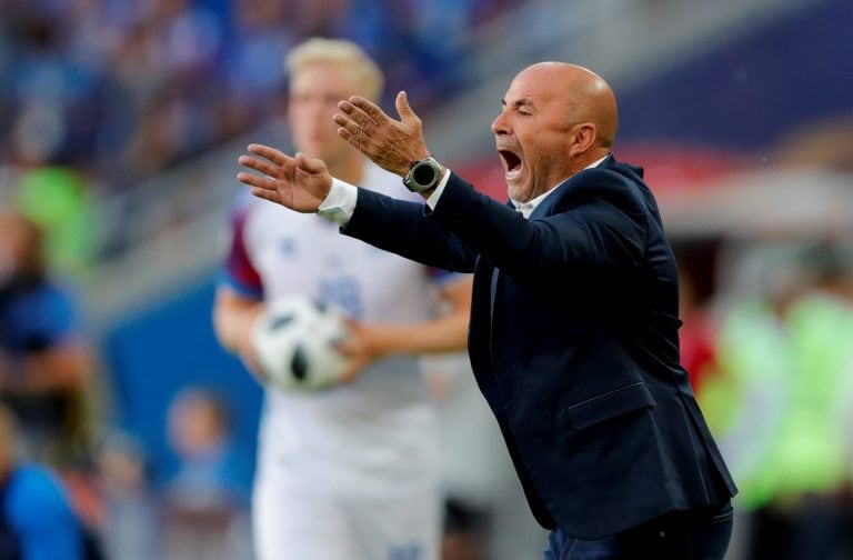 Argentina coach Jorge Sampaoli gives instructions to his players during the group D match between Argentina and Iceland at the 2018 soccer World Cup in the Spartak Stadium in Moscow, Russia, Saturday, June 16, 2018. (AP Photo/Ricardo Mazalan)