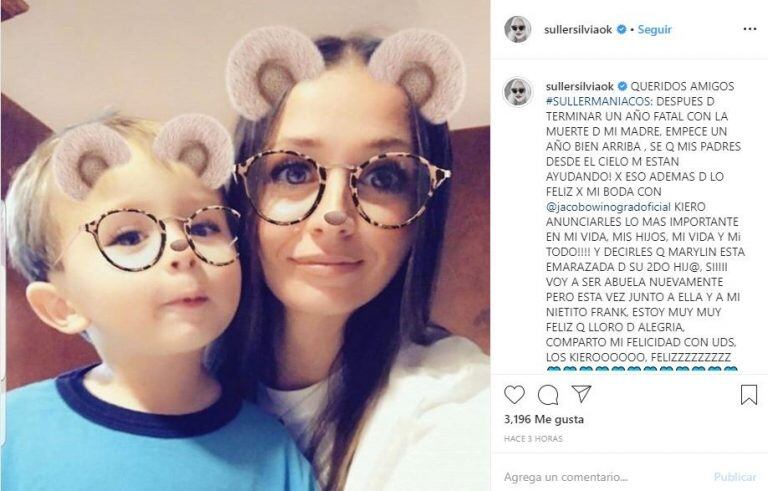 El posteo de Silvia Süller para anunciar que va a ser abuela (Foto:Instagram)