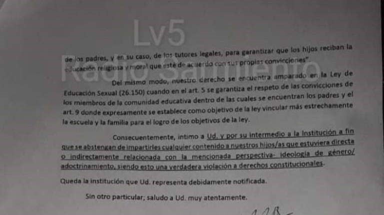 Los padres de la escuela sanjuanina presentaron una carta para quejarse.