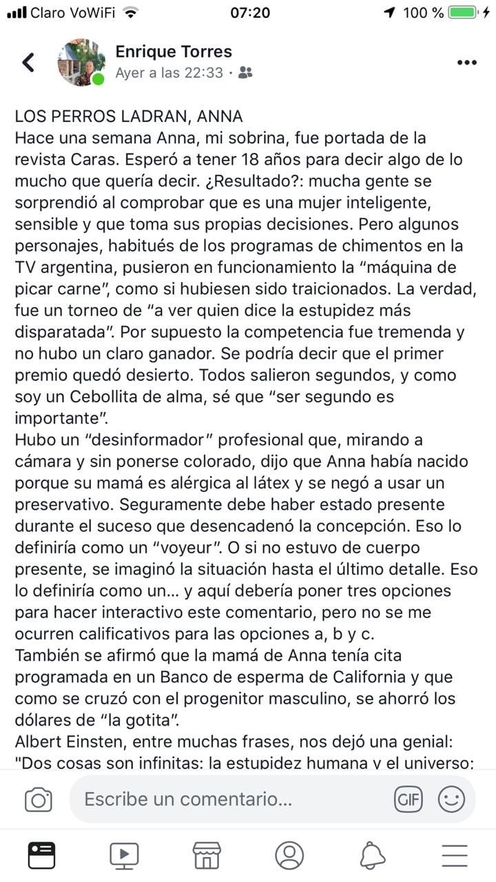 Enrique Torres, el cuñado de Andrea del Boca, publicó una dura carta en Facebook para defender a su sobrina Anna.