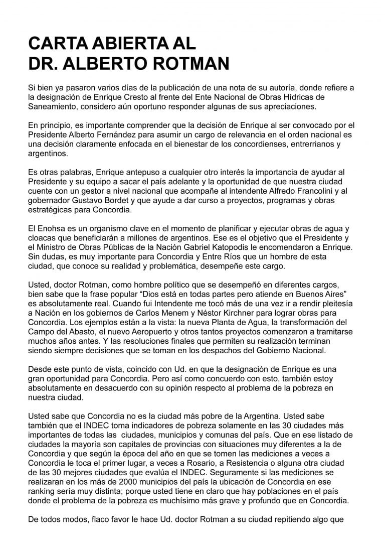 Carta Abierta de Enrique Cresto a Alberto Rotman.