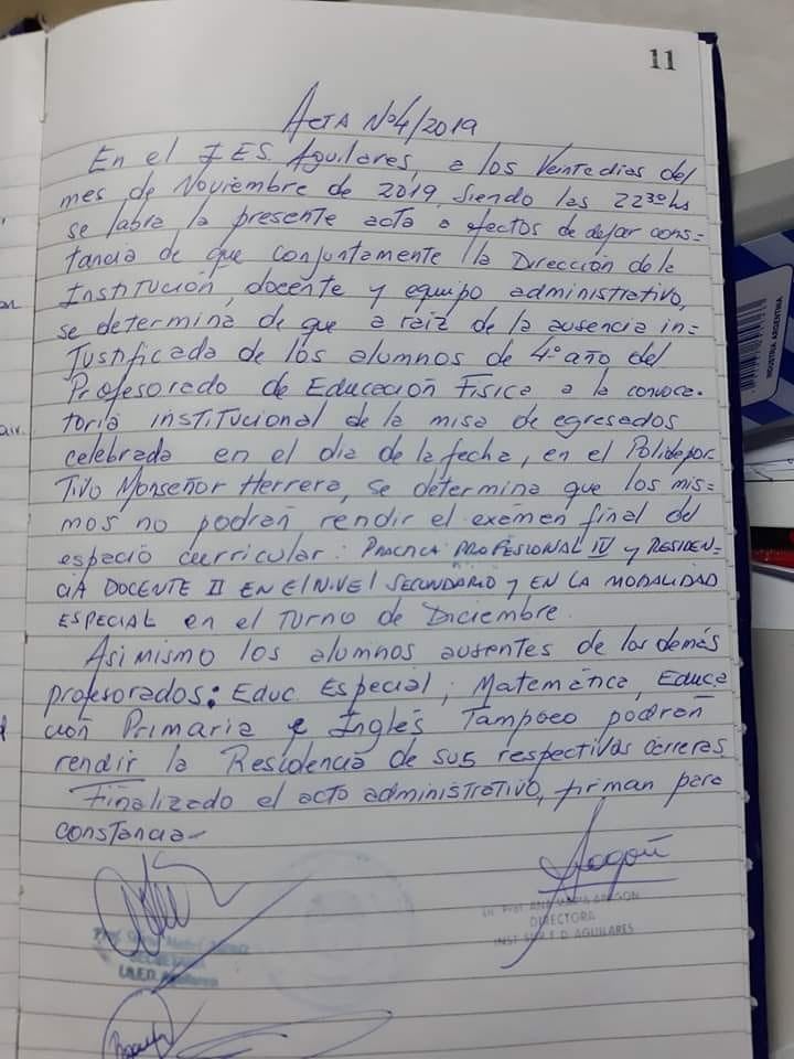 Acta labrada desde la institución.