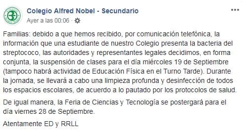 El colegio Alfred Nobel de Mar del Plata permaneció un día cerrado por un alumno con estreptococo.