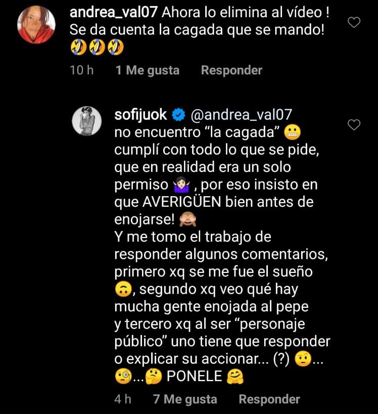 Comentario de Instagram de Sofía Jujuy Jiménez.