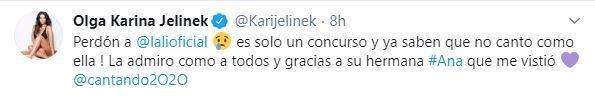 El descargo de Karina Jelinek en Twitter.