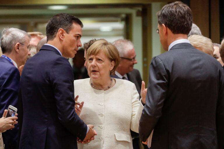 20/06/2019 Angela Merkel, canciller de Alemania, Pedro Sánchez, presidente de España, y Mark Rutte, primer ministro de Holanda. Foto: Thierry Roge/belga/dpa