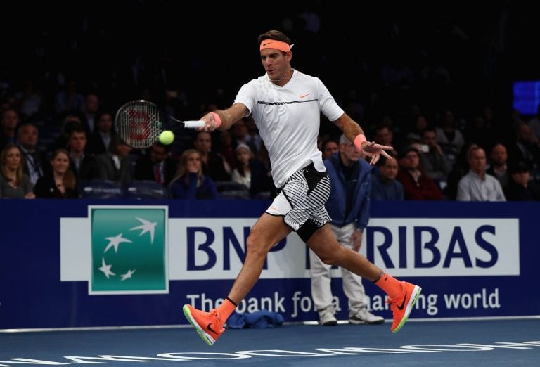 NEW YORK, NY - MARCH 06: Juan Martin del Potro of Team Americas returns a shot against Kei Nishikori (not pictured) of Team World in their Men's Singles match during the BNP Paribas Showdown at Madison Square Garden on March 6, 2017 in New York City.   El