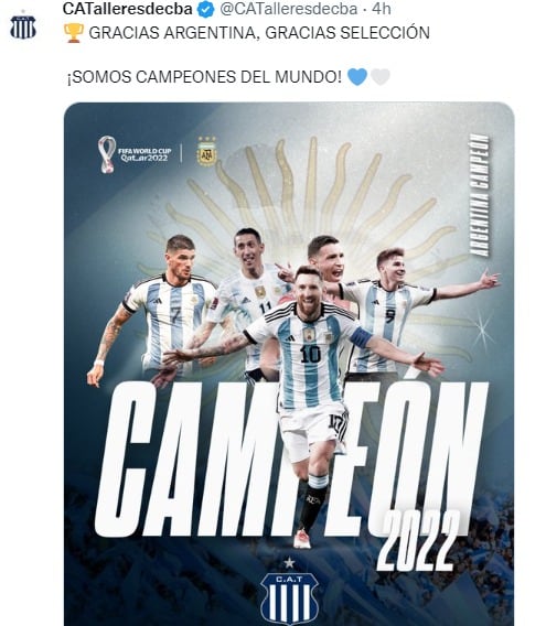 En barrio Jardín también se festejó. El saludo de Talleres para la Selección campeona del mundo.