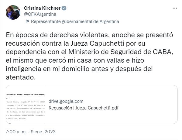 La recusación de Cristina Kirchner a la jueza Capuchetti.