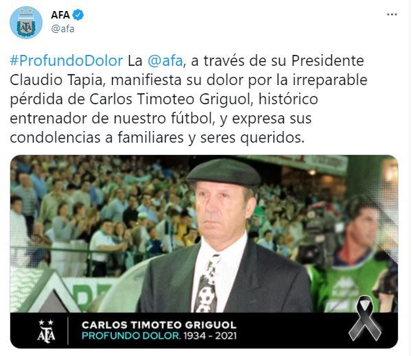 Mensaje de la Asociación del Fútbol Argentino (AFA) en Twitter por la muerte de Carlos Timoteo Griguol. Twitter/afa