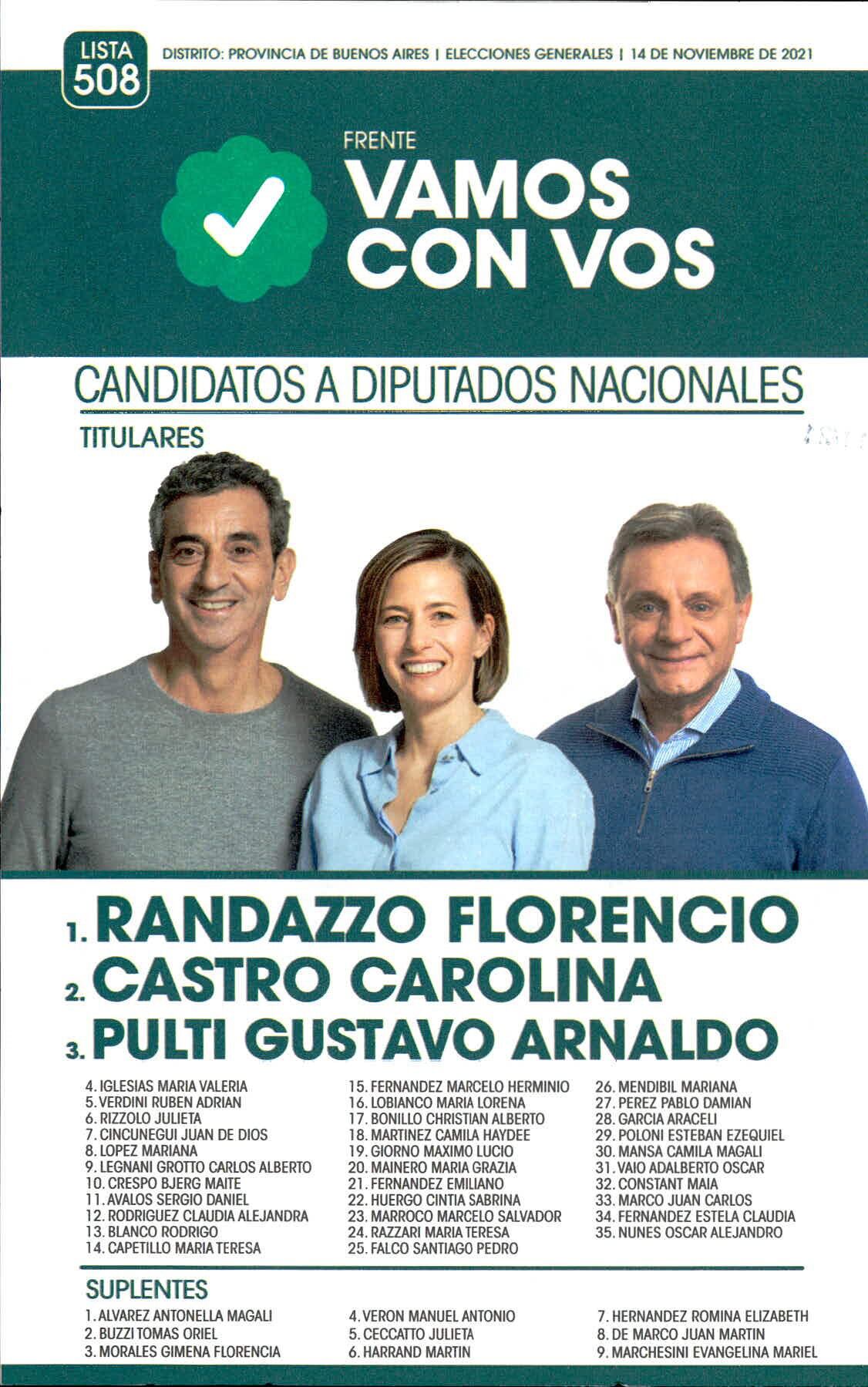 Boleta electoral de "Vamos con Vos" para las Elecciones 2021 en la Provincia de Buenos Aires, con Florencio Randazzo a la cabeza de la lista.