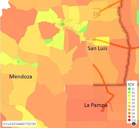 En el mapa, los lugares marcados con rojo son los que se encuentran en peor situación respecto de las necesidades económicas y sociales en Mendoza y provincias vecinas.