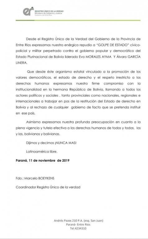 Registro Único de la Verdad del Gobierno de la Provincia de Entre Ríos. Comunicado marcha apoyo a Evo.