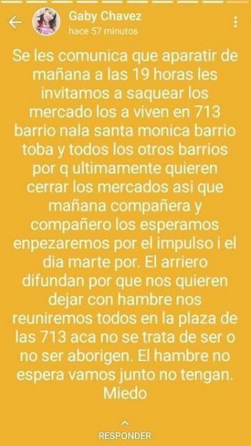 El mensaje que incitaba a saquear supermercados en Sáenz Peña. (Captura: Diario Chaco)