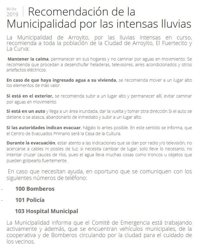 Comunicado Municipal por la lluvia caída