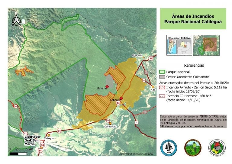 Áreas quemadas dentro del Parque Nacional Calilegua, hasta el lunes 26 de octubre.