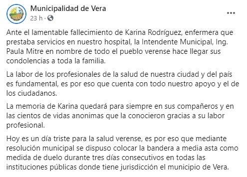 Comunicado de la municipalidad de Vera.