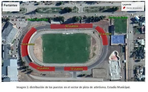 Plano de la pista de atletismo donde se ubicaran los feriantes.