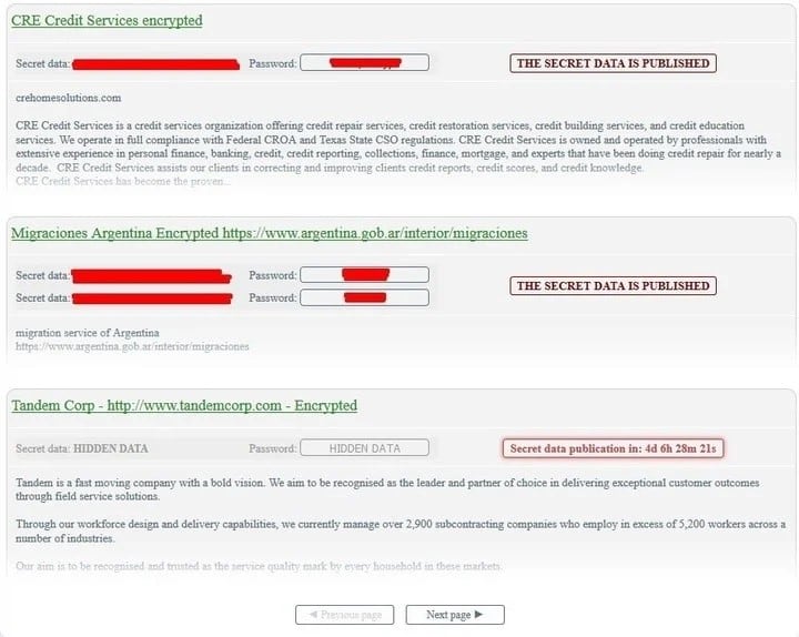 La lista de targets de los ciberdelincuentes, donde se publicó la información de Migraciones (Foto Netwalker Blog)