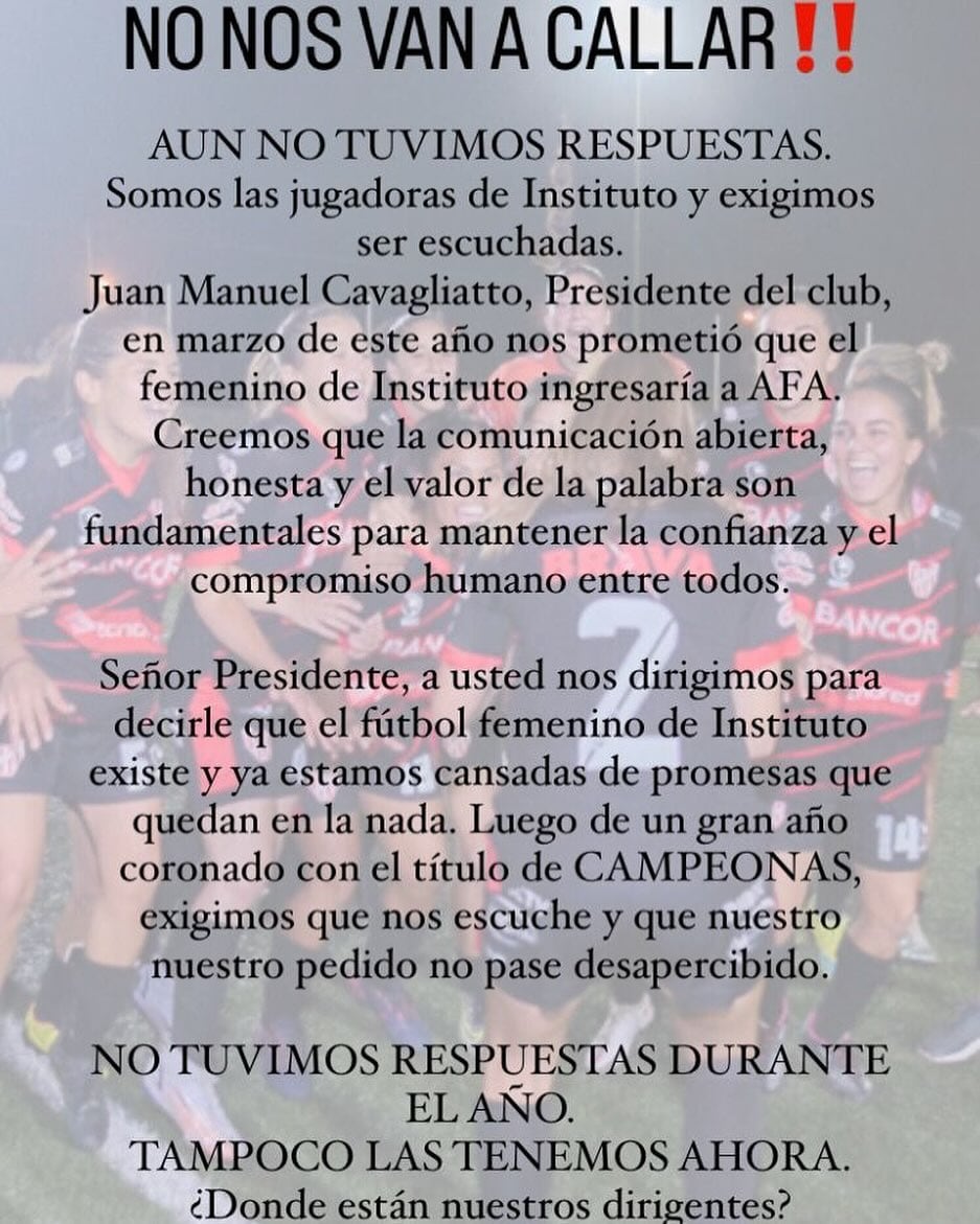 El comunicado de las jugadoras de Instituto.