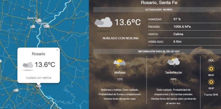 Lluvias y cielo cubierto para este domingo en Rosario. (SMN)