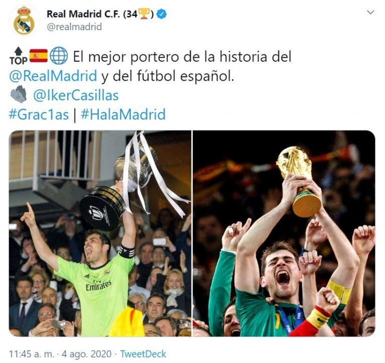 Real Madrid homenajeó a Iker Casillas (Foto: captura Twitter)