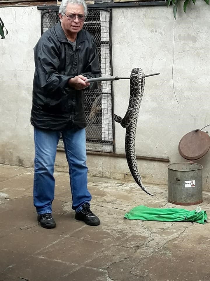 Martínez junto a uno de los espécimen de Yarará Crucera.