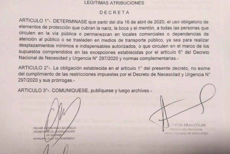 Decreto que establece el uso obligatorio de barbijo en Concordia