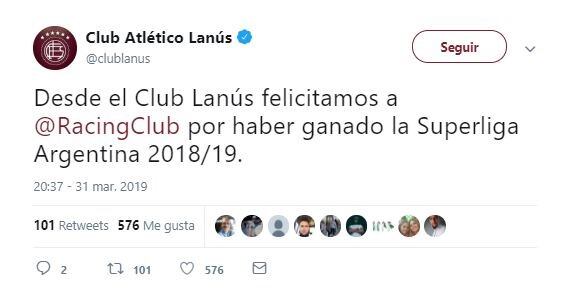 El saludo de Lanús (Foto: Twitter)