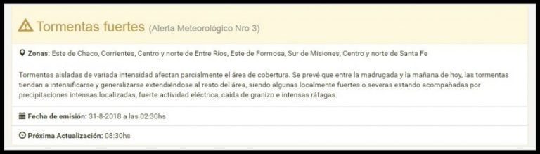 Alerta del Servicio Meteorológico Nacional para Corrientes - 31 de agosto