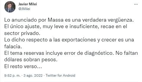 El tuit de Milei sobre los anuncios