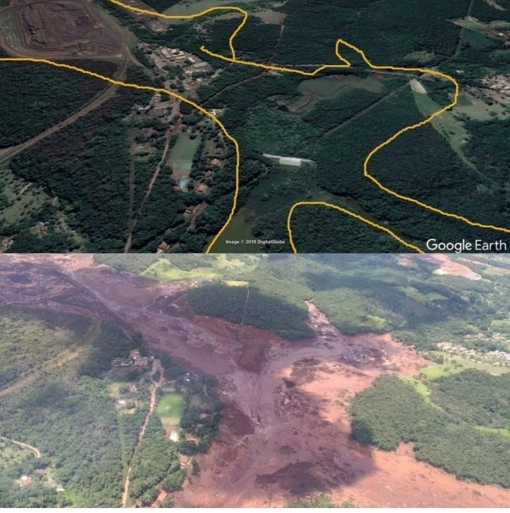 El antes y después de la rotura de una represa en Brasil (Google Earth).